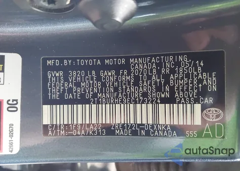 2014 Toyota Corolla Le Premium from USA, damaged, VIN 2T1BURHE9EC173224